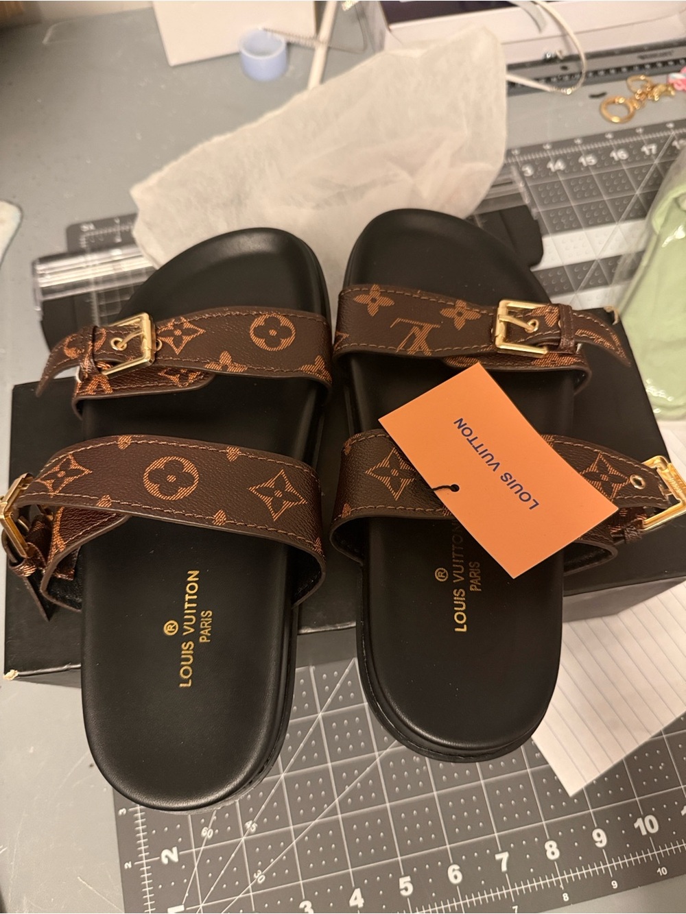 Louis Vuitton Brown Monogram Double-Strap Slide Sandals with Gold Buckles